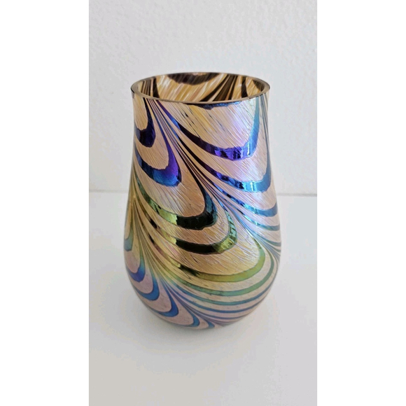 Teleflora Swirl Iridescent Blue Green Purple Gold Vase Modern Art Glass 7" - Picture 4 of 9